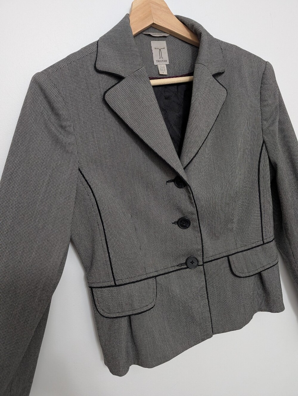 Retro Tristan Small Blazer Grey Micro Plaid Tailored Suit Jacket Button Fitted